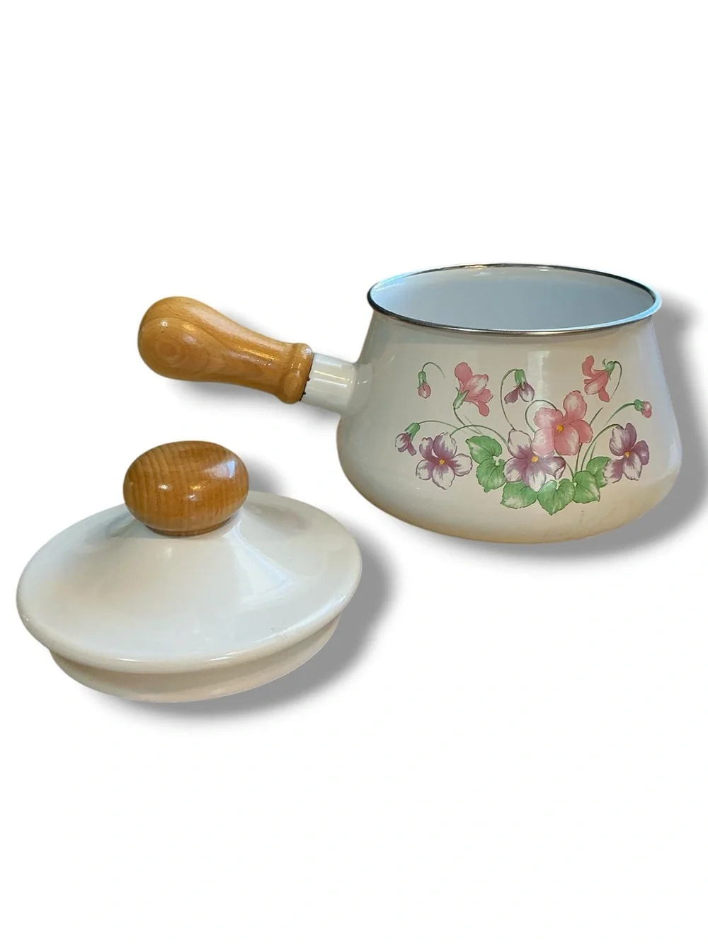 Vintage 1970’s Ceramic Floral Fondue Pot with Wooden Handle Forks